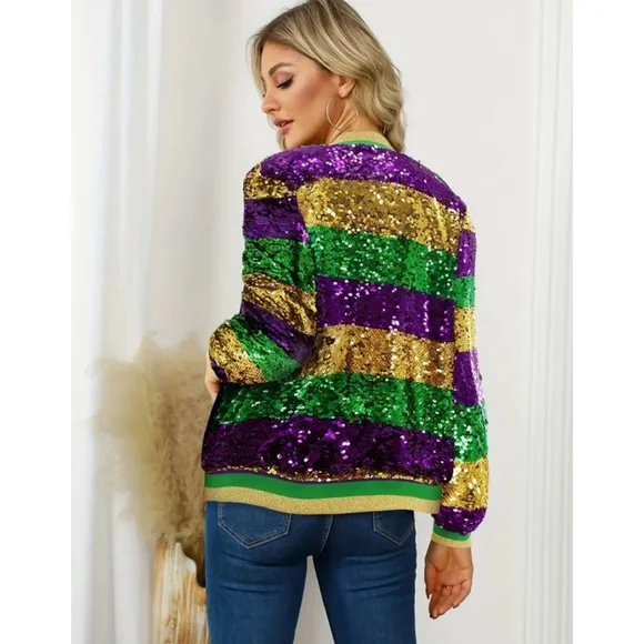 Mardi Gras Sequins Striped Purple, Green and Gold Bomber Jacket - Picture 2 of 7